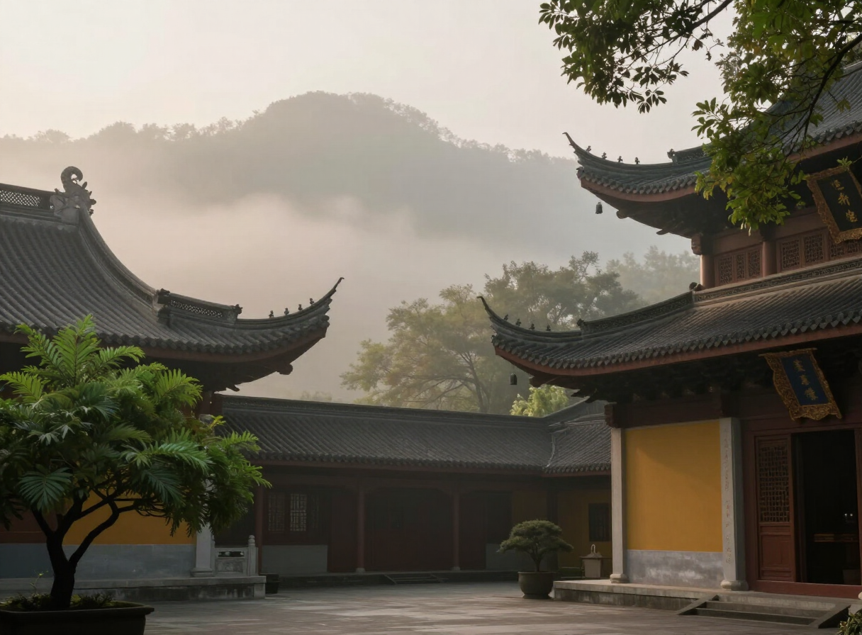 Mountain temple in the mist