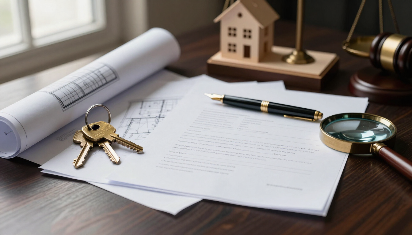 Due diligence imobiliária: mesa de análise com planta arquitetônica, chaves, documentos e maquete residencial