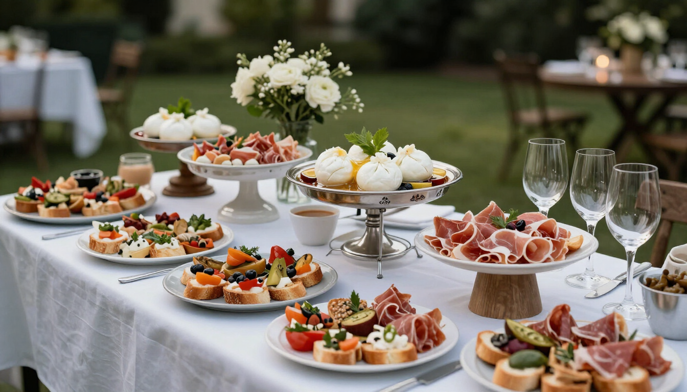 Italienisches Catering-Buffet mit Antipasti, Salumi, Burrata und Weingläsern bei einer Gartenparty in Wien