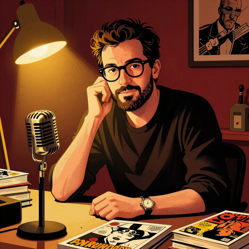Illustration of the Nerd Talk author surrounded by comics and a vintage microphone