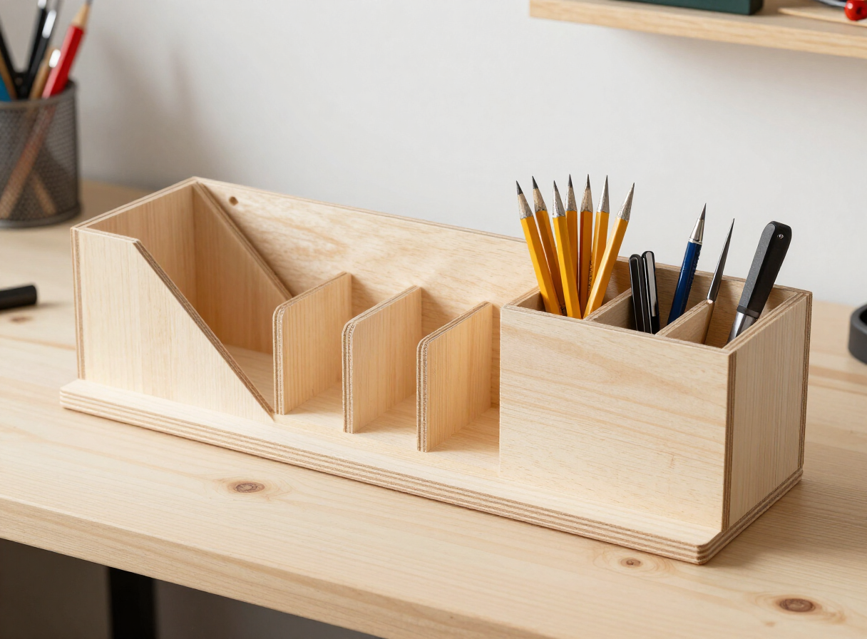 A desk organizer and a workshop tool holder made from scrap wood pieces on a workbench, compartments holding pencils, pens, and chisels, bright workshop lighting