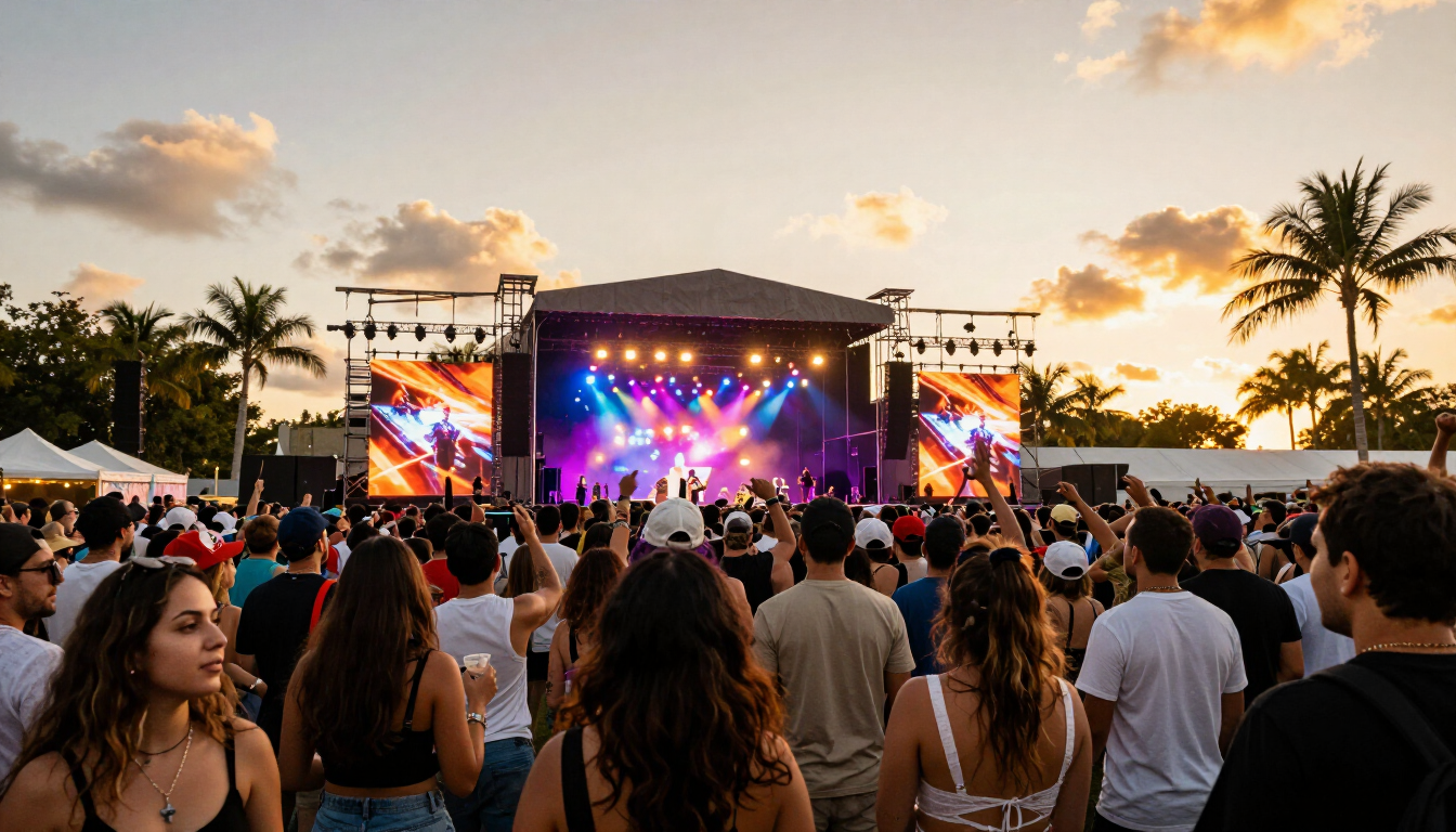 Outdoor music festival crowd at sunset with colorful stage lights in Miami