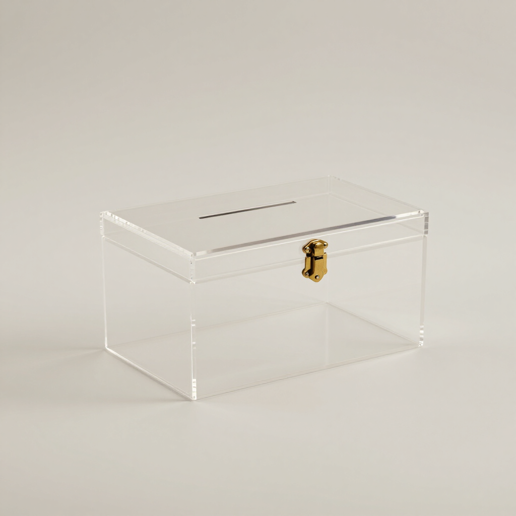 Clear acrylic donation box with slot in the lid and brass lock