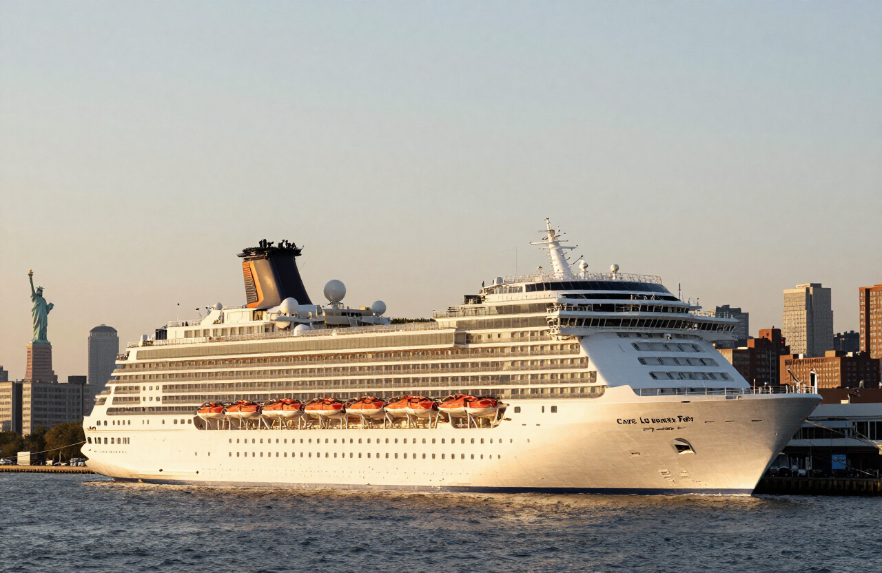 Cruise ship docked at Cape Liberty Cruise Port in Bayonne, New Jersey with the Manhattan skyline and Statue of Liberty visible across Upper New York Bay