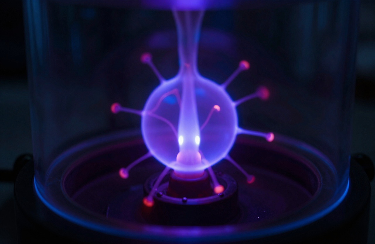 Descarga de plasma azul-violeta en una cámara de vacío de un laboratorio de materiales