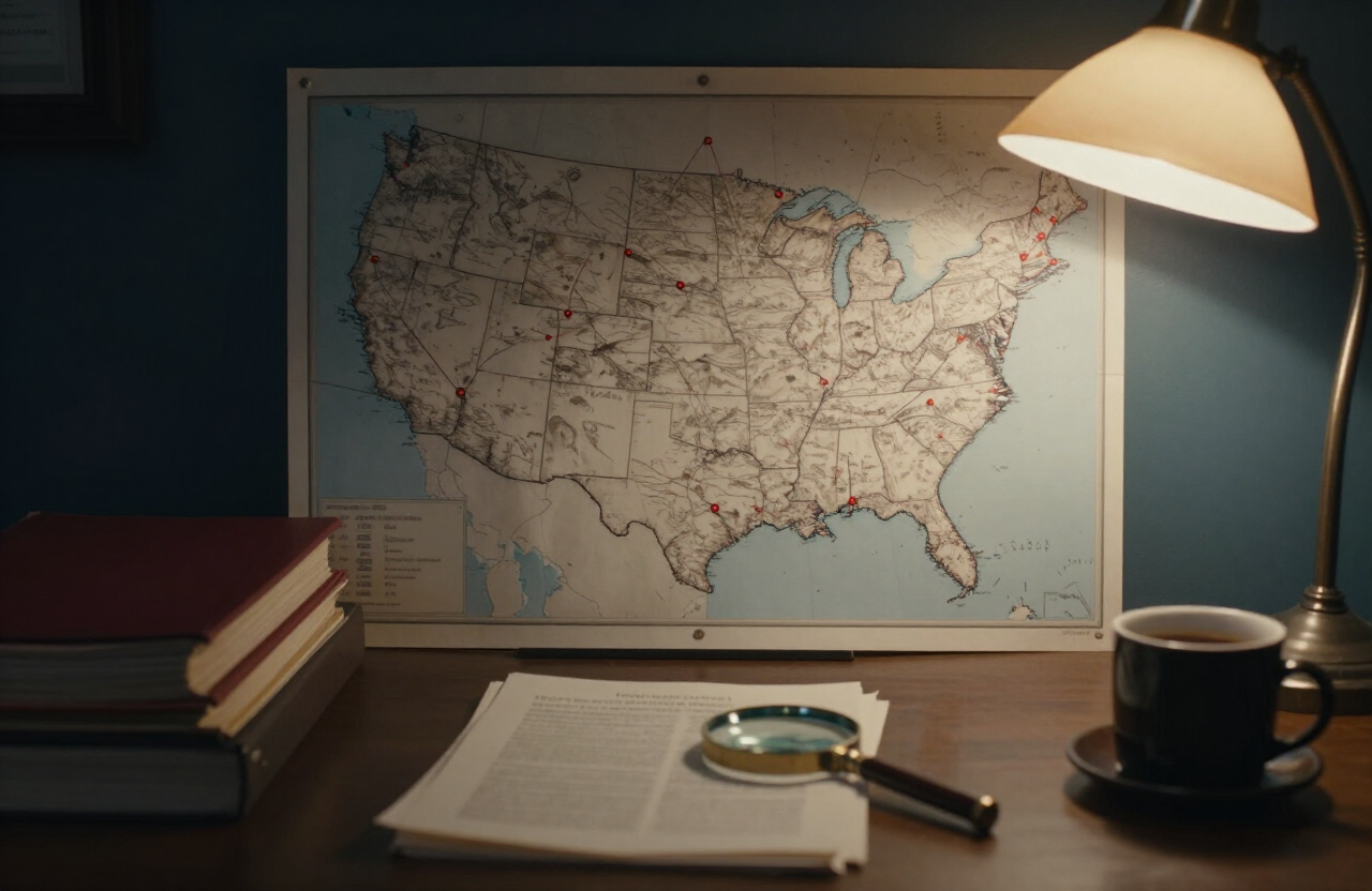Investigator desk with a pinned map of the United States, case files, and a magnifying glass