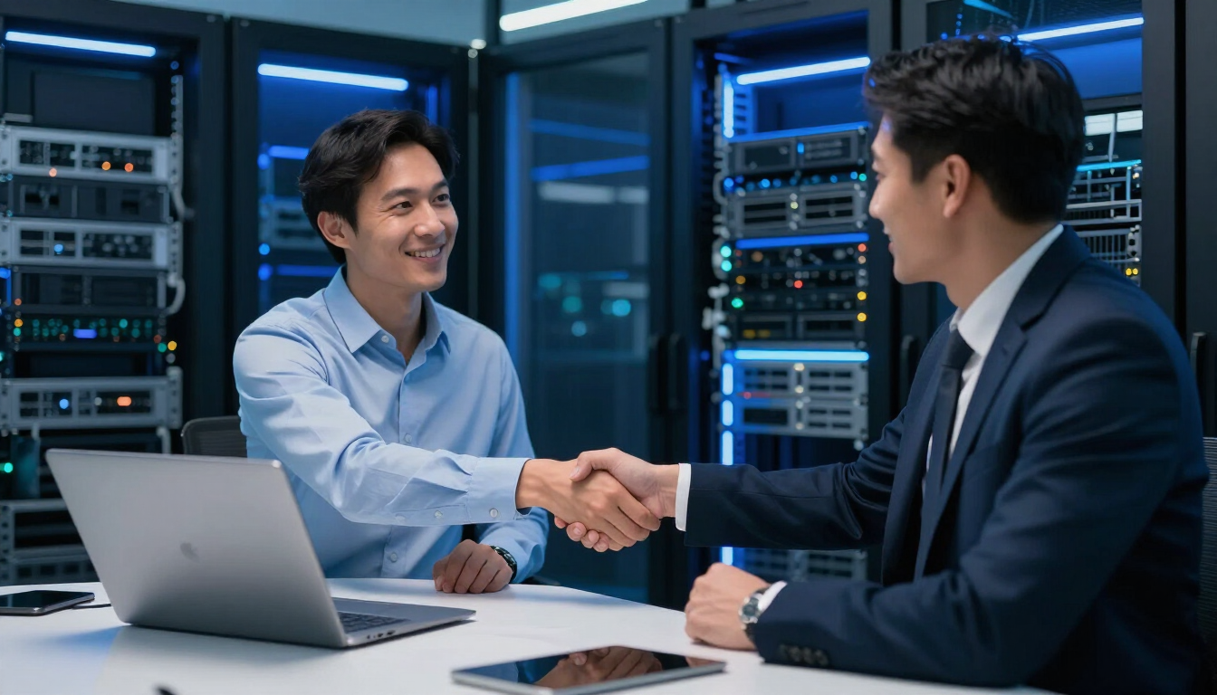 Technology partnership handshake in a modern server room