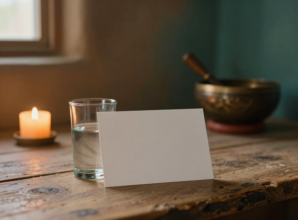 A sealed card leaning against a vessel of water.