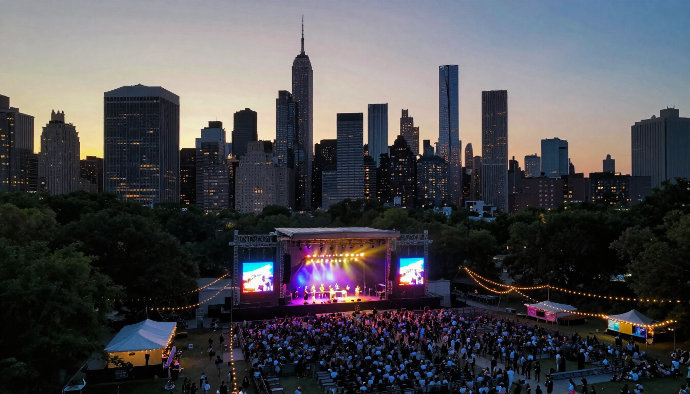 Aerial view of an outdoor concert at dusk in a New York City park with the skyline behind the stage and a large crowd