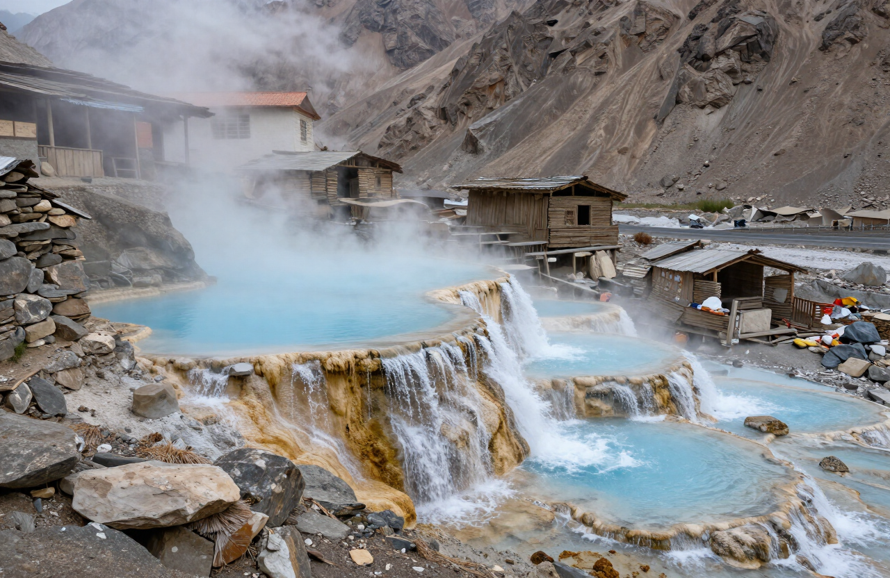 Steaming turquoise hot spring pools at Garam Chashma near Chitral