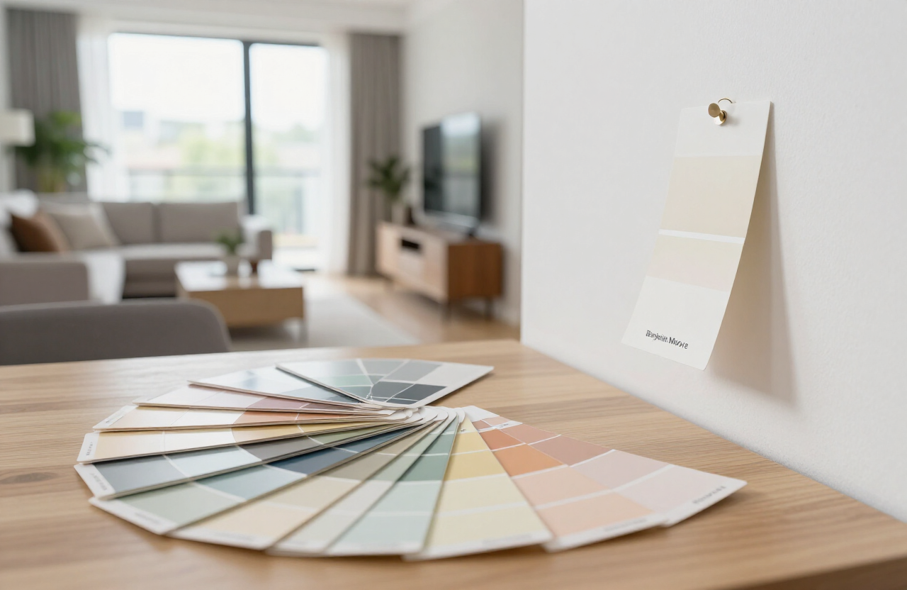 Benjamin Moore paint sample swatches during a color consultation in a Fort Lee condo