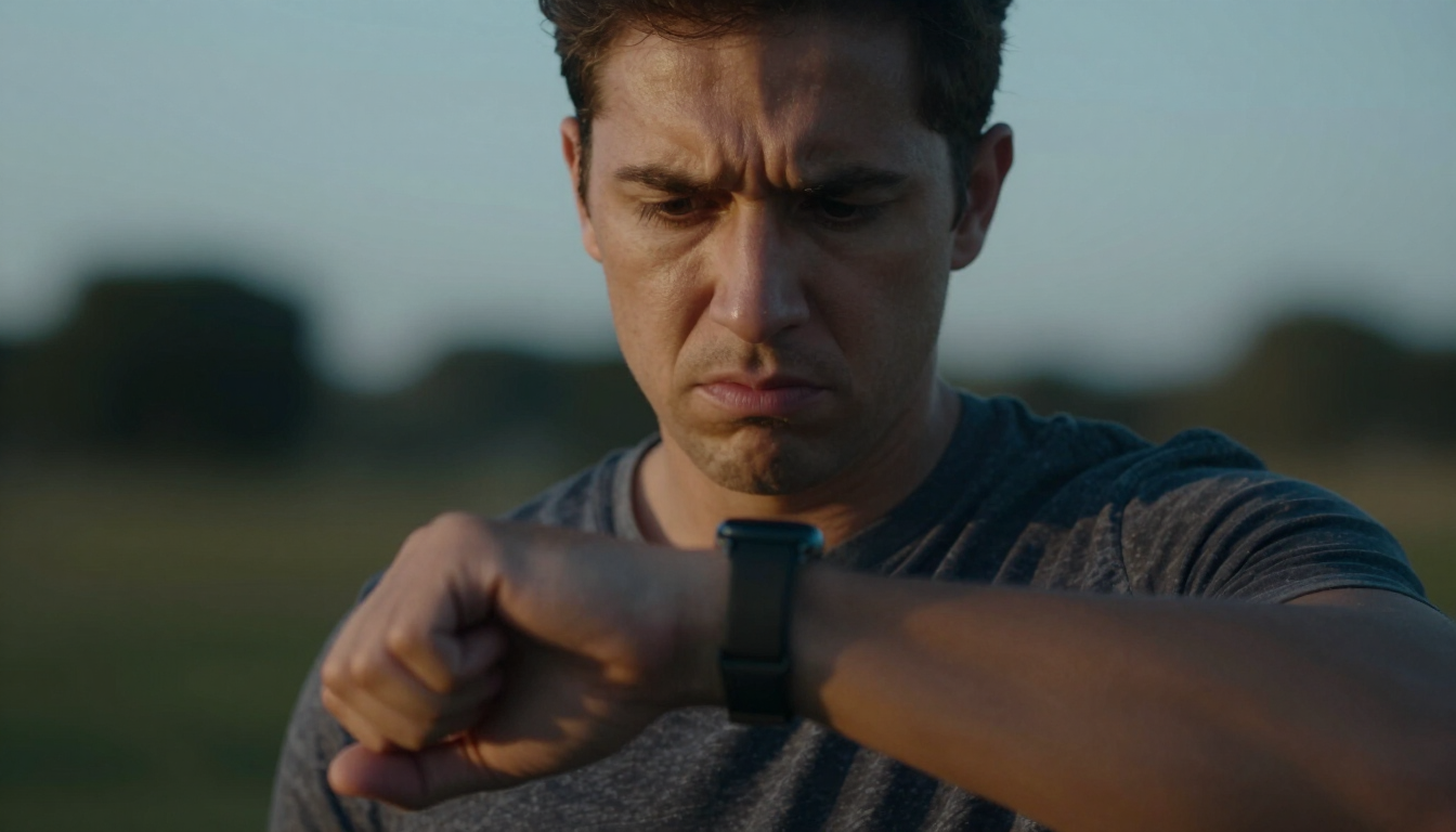 An adult looks mildly annoyed at a smartwatch on their wrist near the end of the day.