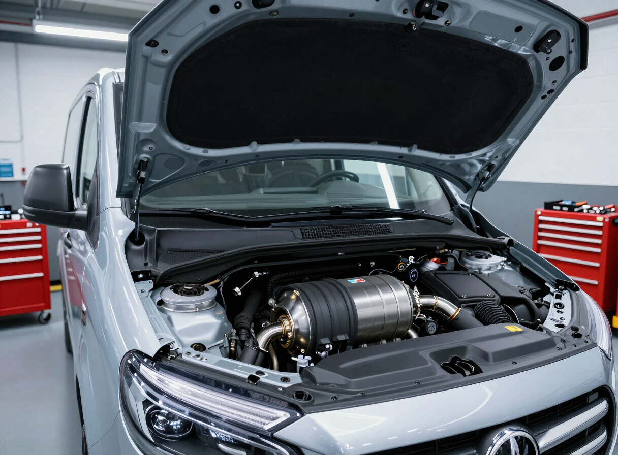 DPF removal Glasgow — diesel engine bay with DPF components at a SuperTune Scotland garage