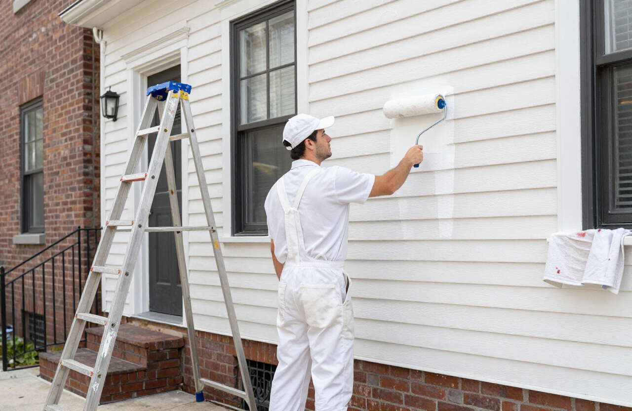 Professional painting contractor rolling fresh exterior paint on a Secaucus townhome