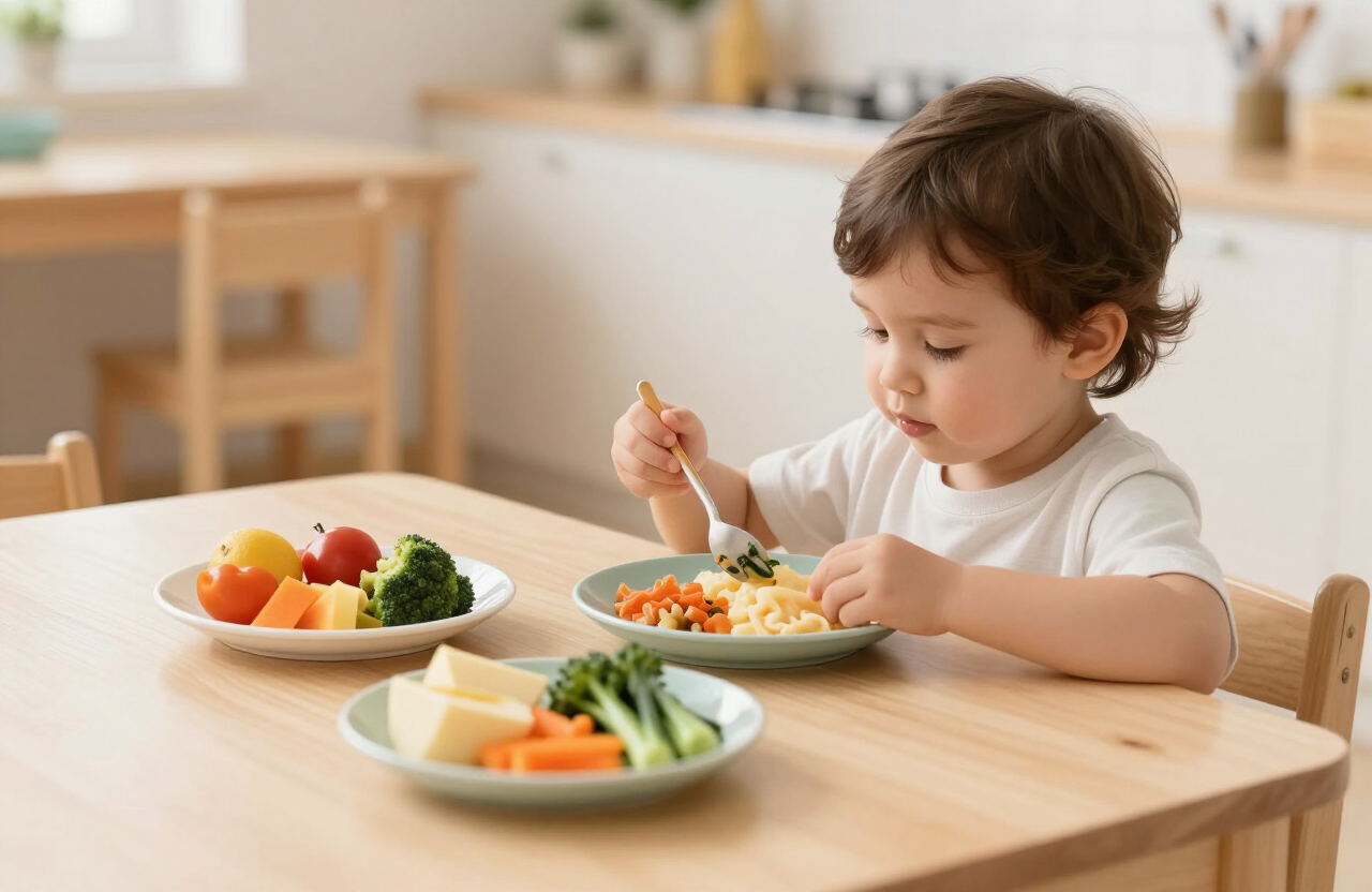 Healthy toddler meal of colorful fruits and vegetables