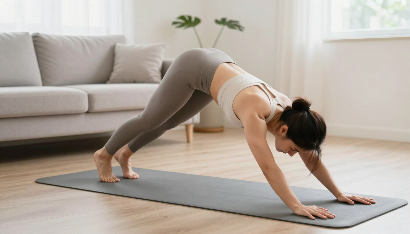 A woman performing a controlled mat Pilates bird dog exercise on a yoga mat at home.