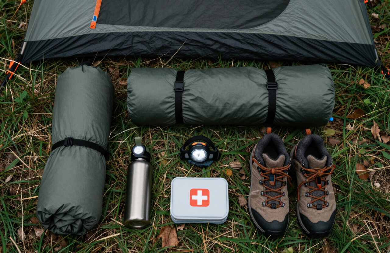 Overhead flatlay of festival camping gear including a rolled tent, sleeping bag, headlamp, water bottle, first aid kit, and hiking boots