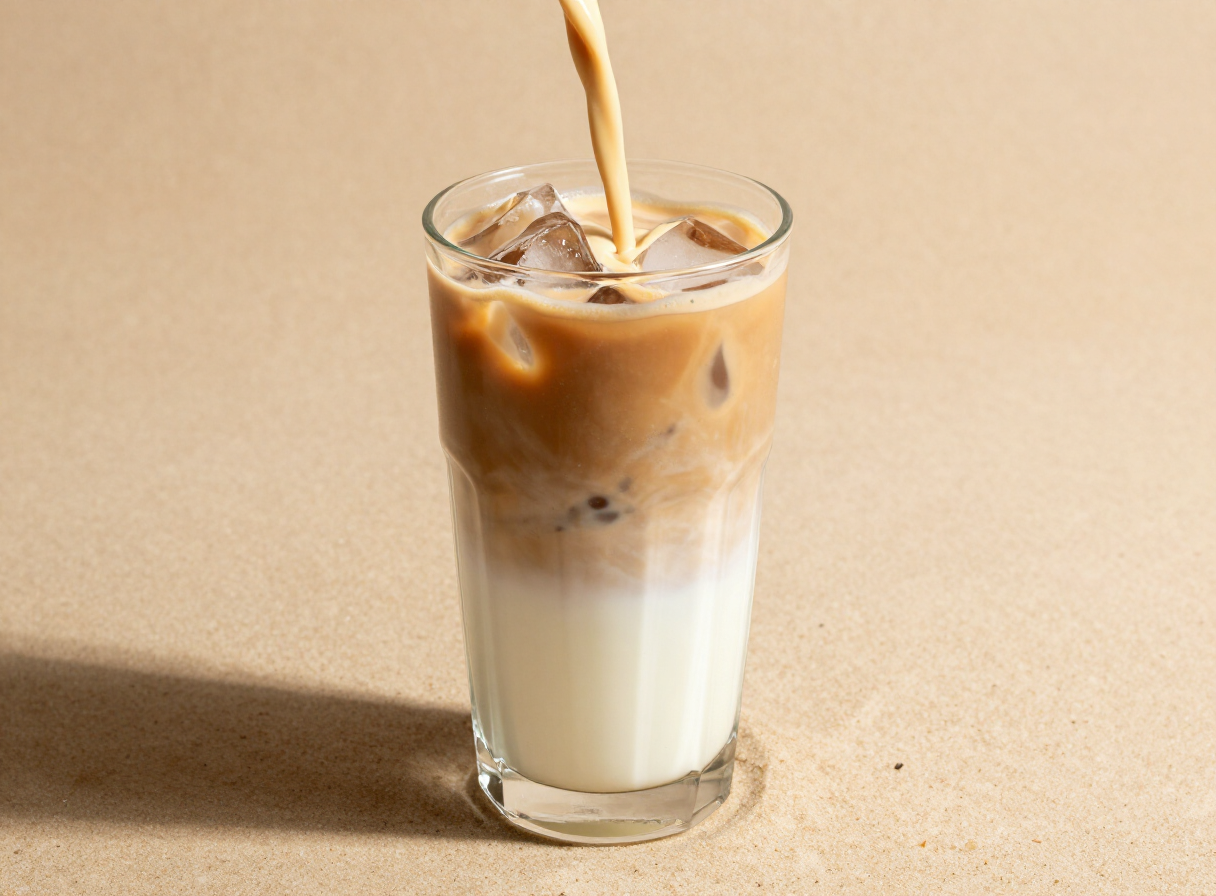 Katapult blonde cold brew with milk over ice in a tall clear glass