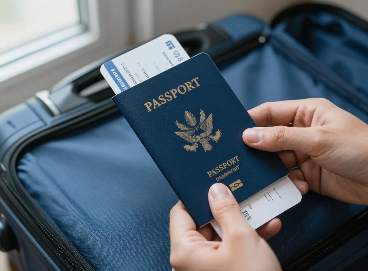 Mãos segurando passaporte e cartão de embarque sobre uma mala pronta para viagem