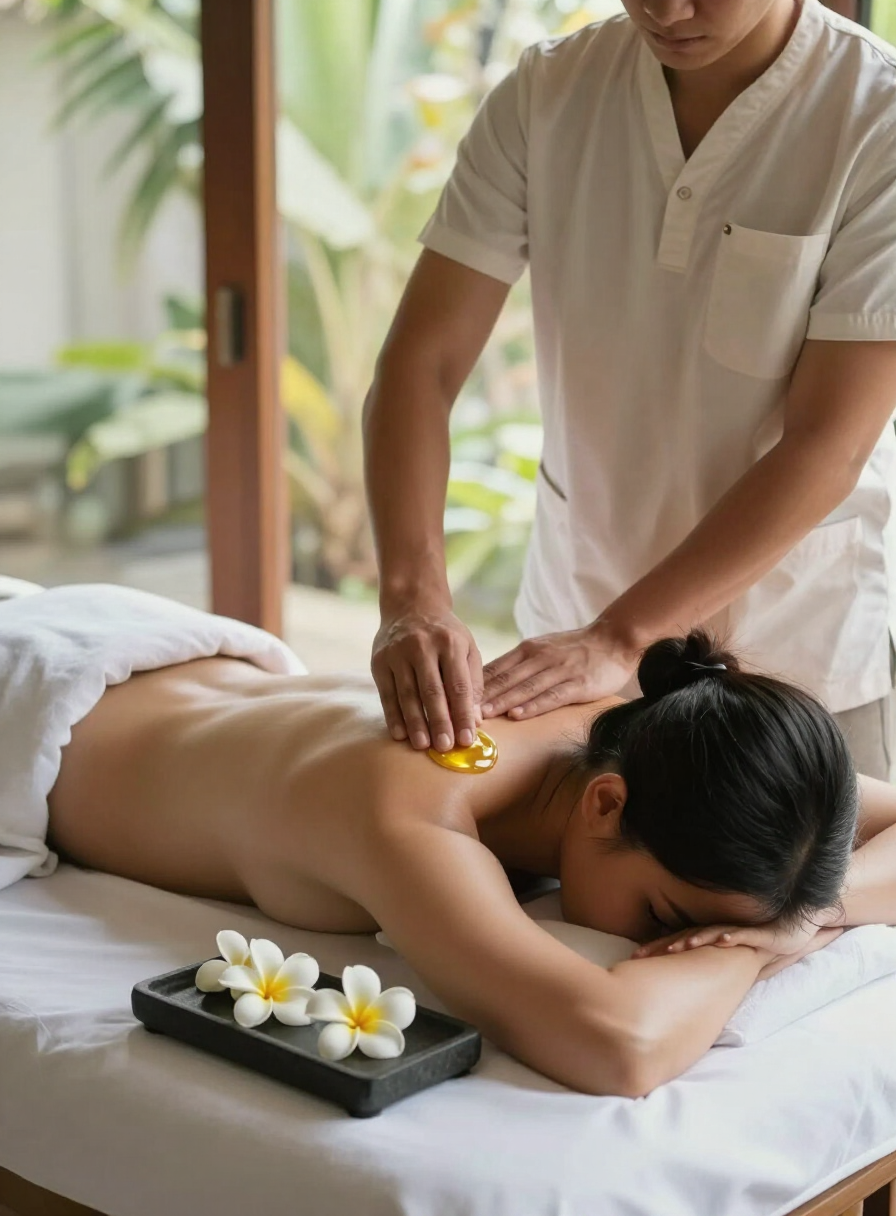 Therapist working the shoulders and upper back of a guest on a white massage table in a Bali villa