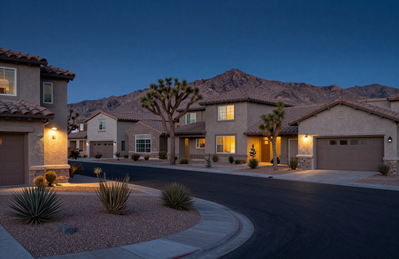 A quiet Las Vegas suburban neighborhood at blue hour, with desert landscaping and a distant mountain silhouette.