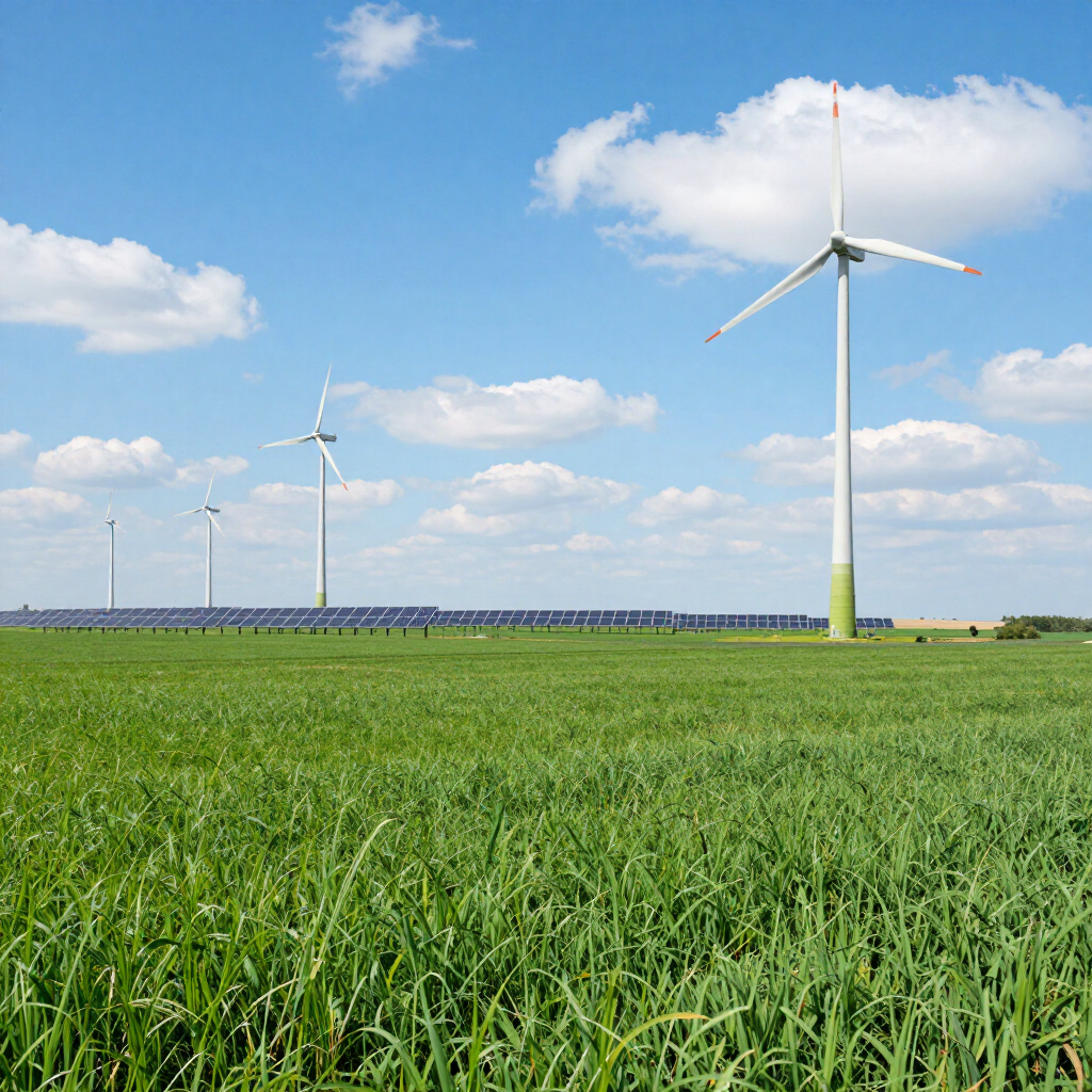 Grüne Wiese mit Windrädern und Solarpanels unter blauem Himmel – erneuerbare Energie für Strom und Gas