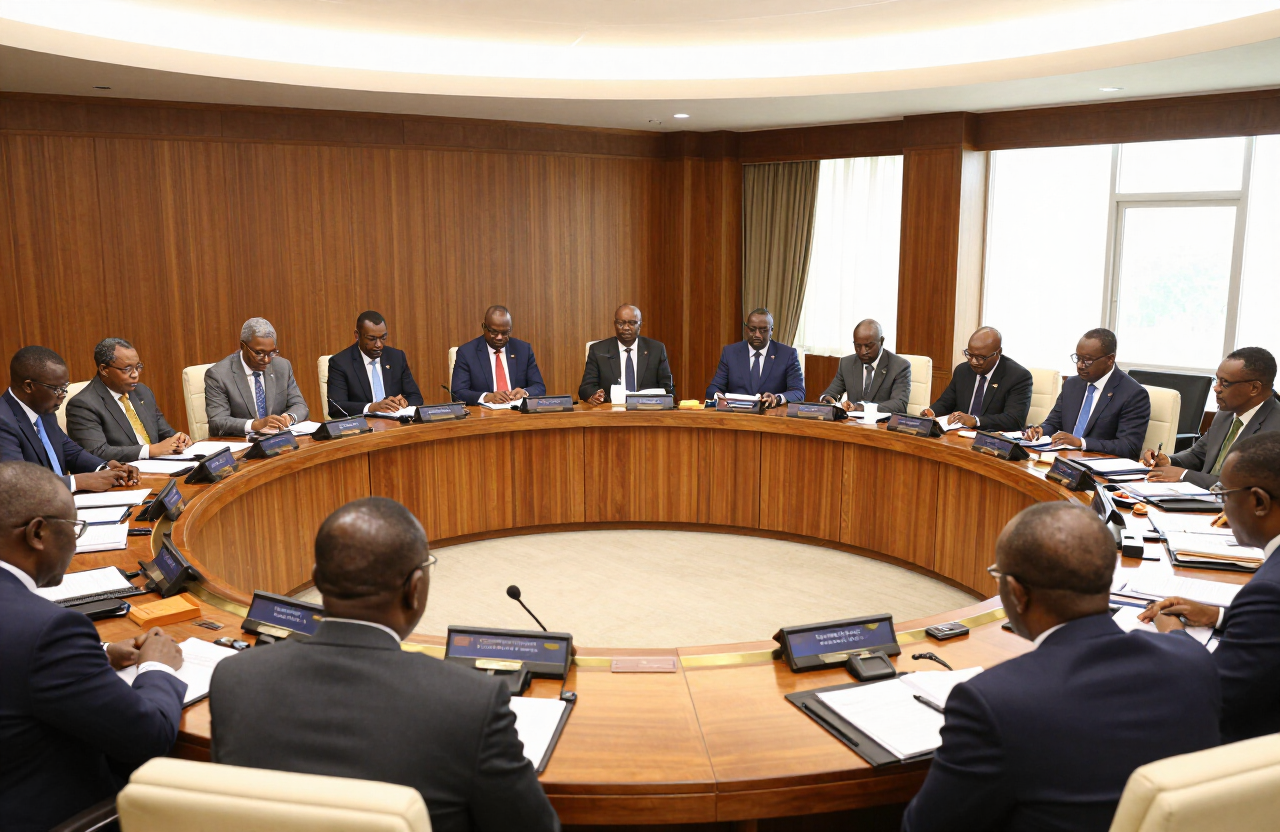 African delegates around a circular conference table at a continental summit