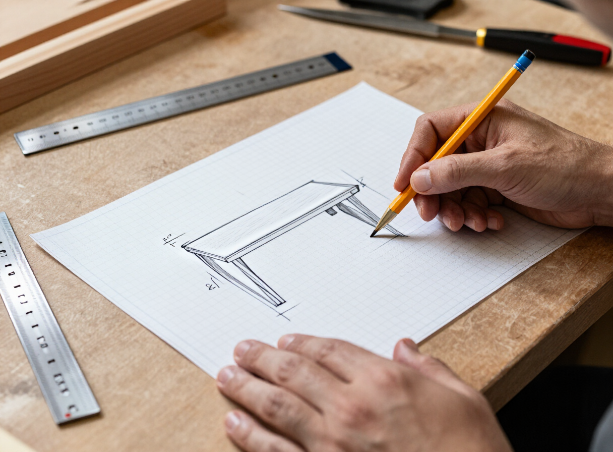 A woodworker's hands sketching a furniture design on graph paper at a workbench, drawing a simple table with dimensions labeled, pencil and ruler nearby
