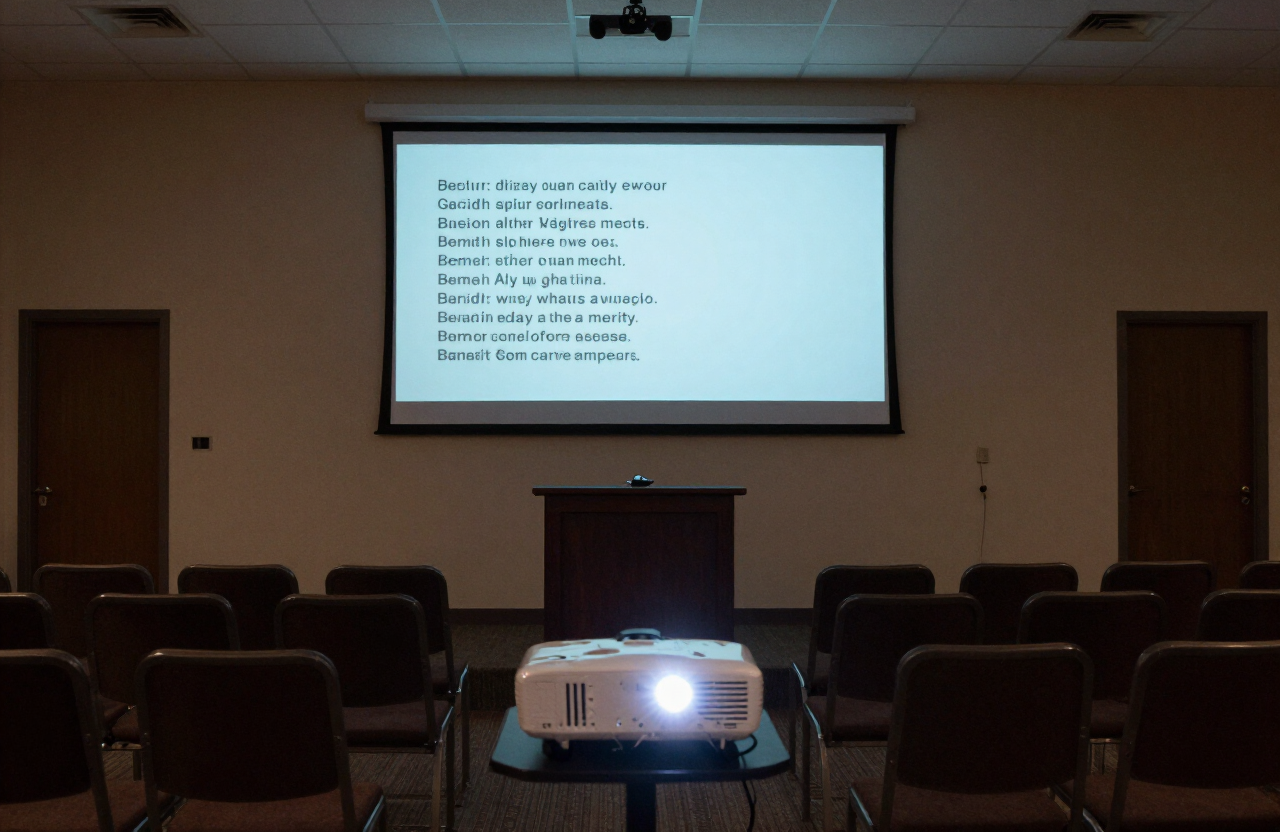 Projector screen with text at the front of an empty meeting room