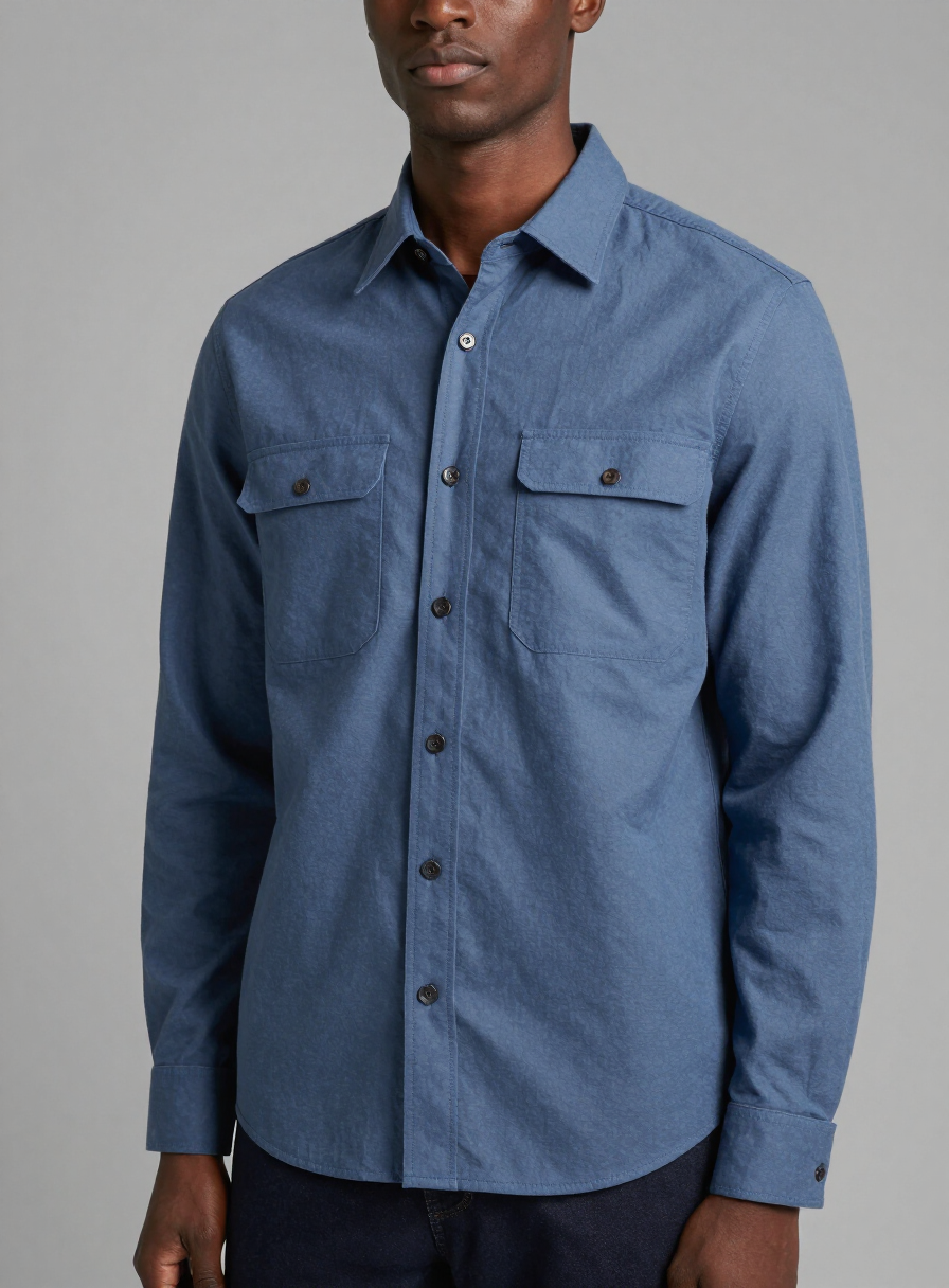 Model wearing the slate-blue Ballast Overshirt with chest pockets