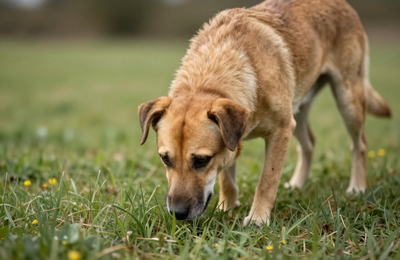 Un chien flaire attentivement l'herbe dans une prairie de campagne