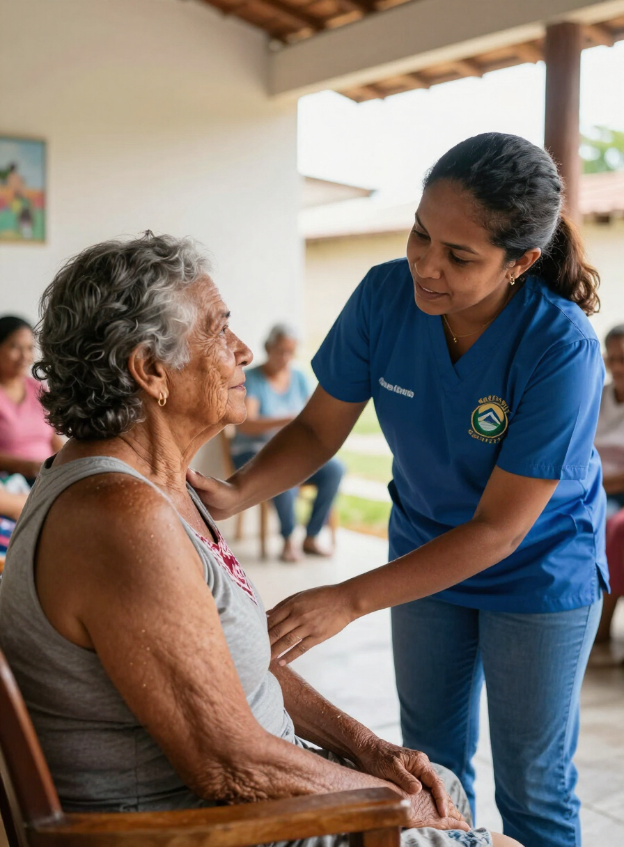 Cuidadora de assistência social conversando com pessoa idosa em instituição beneficente