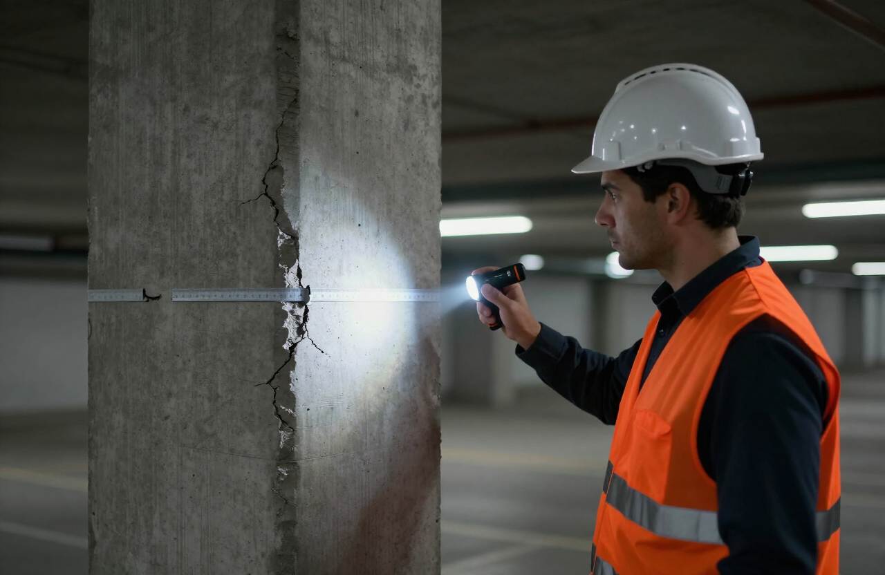 Structural engineer measuring a crack in a concrete column with a crack-width gauge