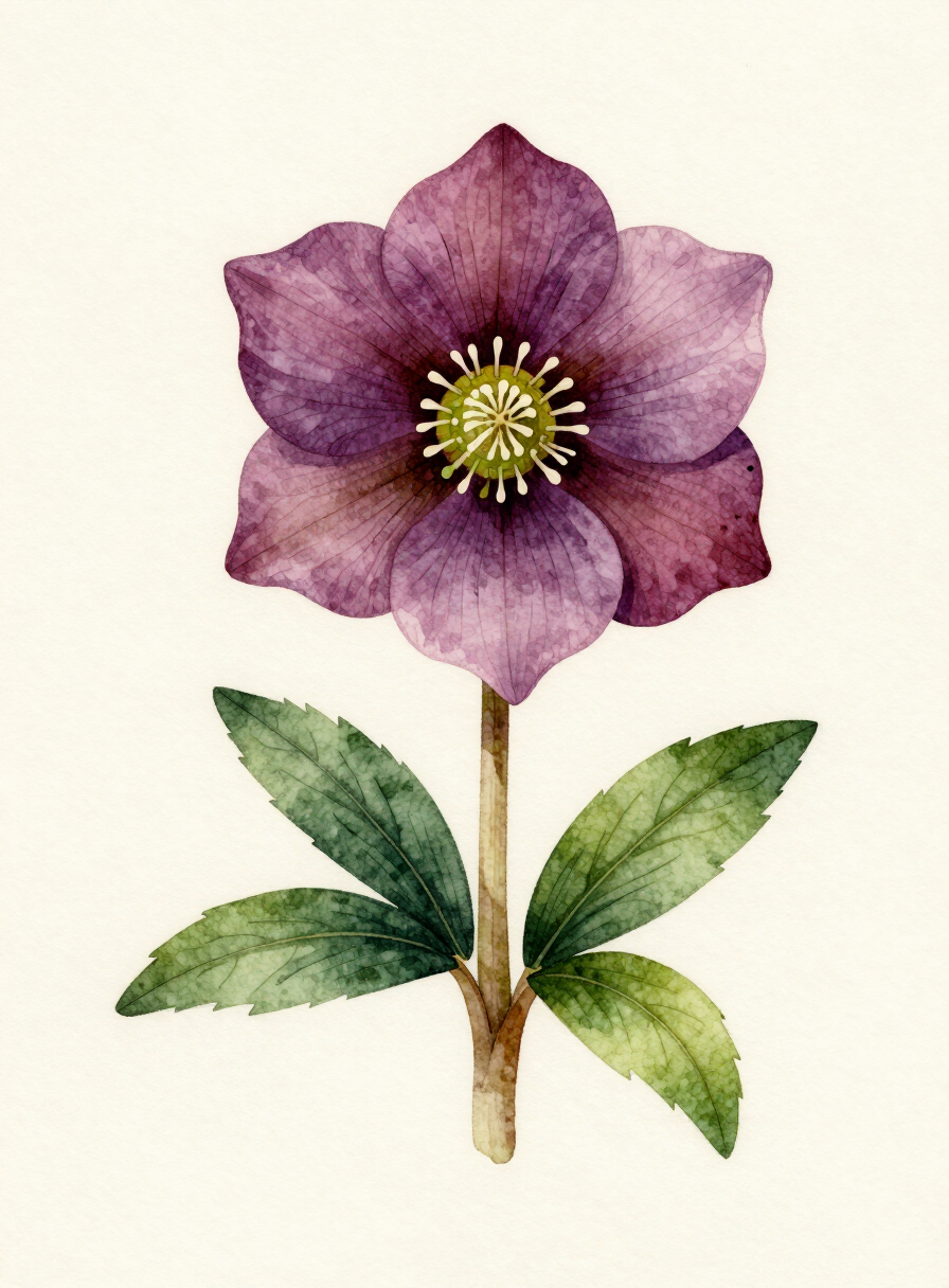 Watercolor painting of a plum Hellebore
