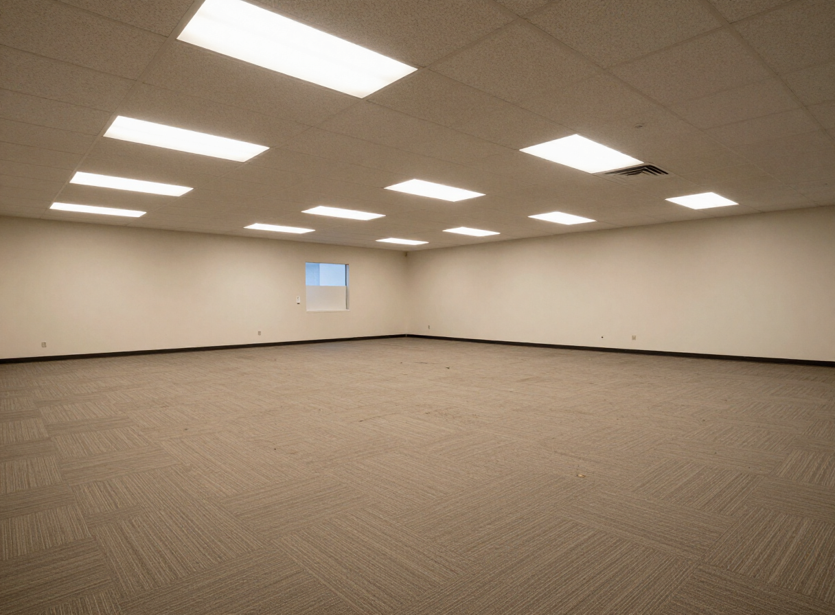 Vacant Charlotte office suite before renovation, with worn carpet and dropped acoustic ceiling