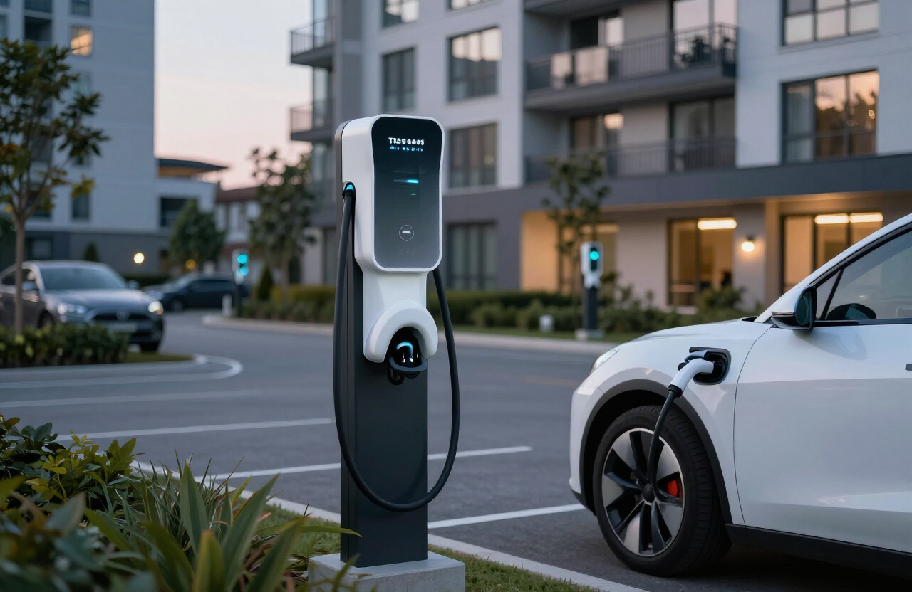 Resident using TERRAPLUG5 EV charger in apartment parking bay