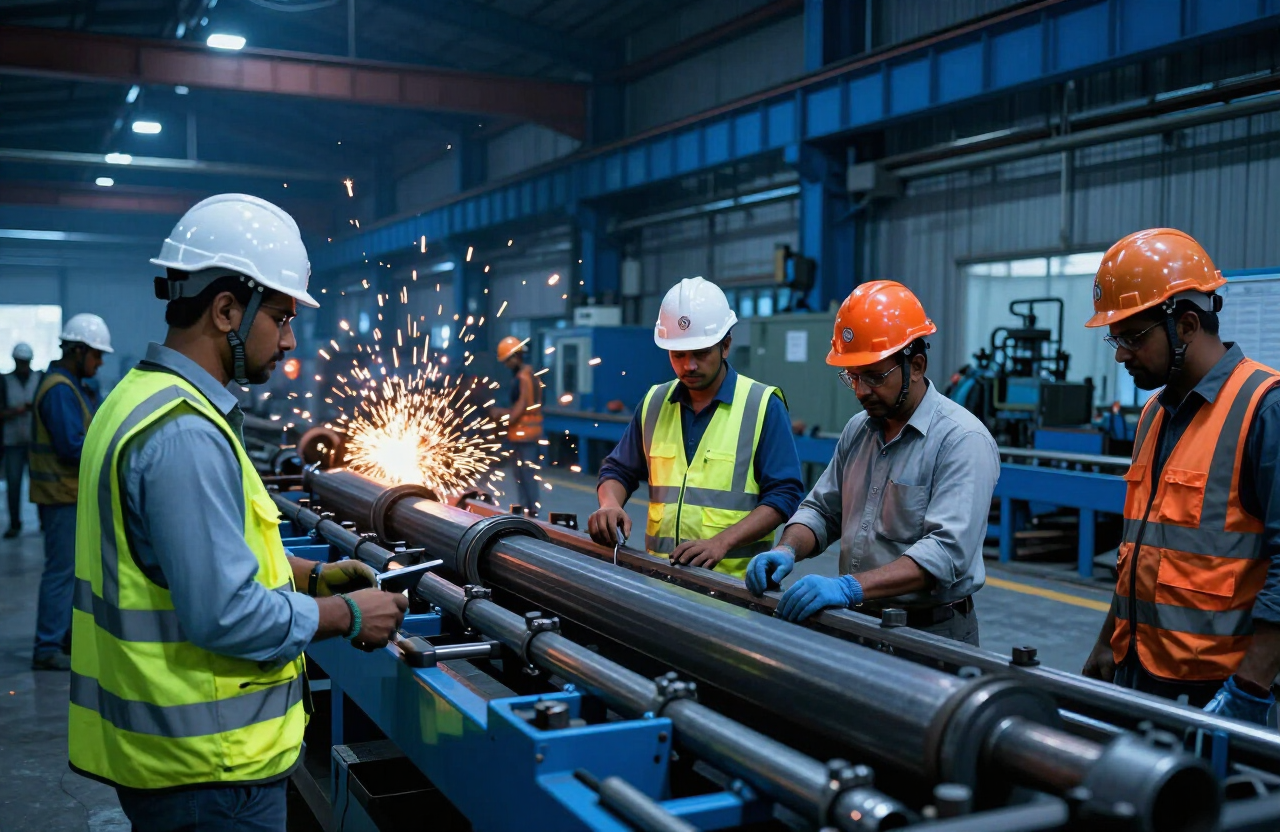 Skilled engineers and technicians at work in a manufacturing plant