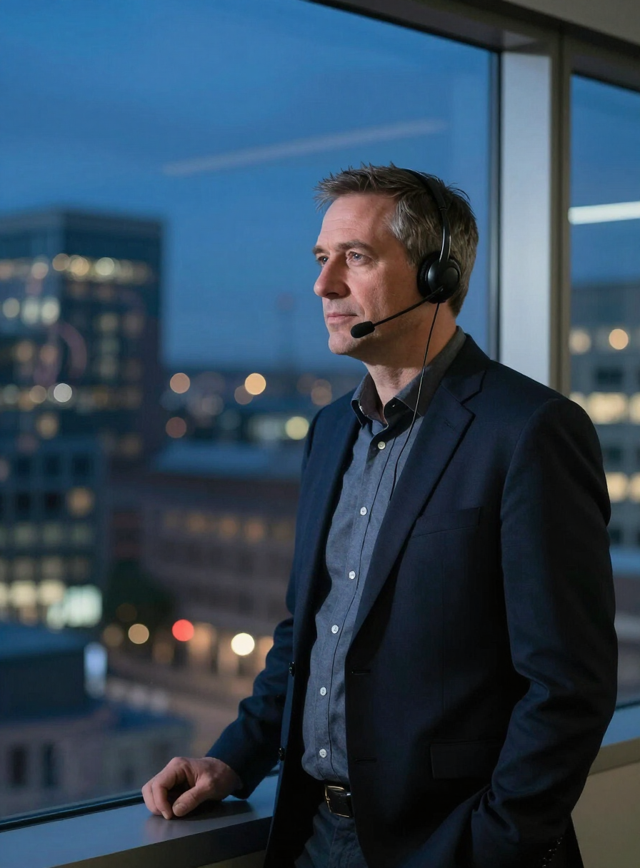 A night-shift call handler by the office window, city lights behind him