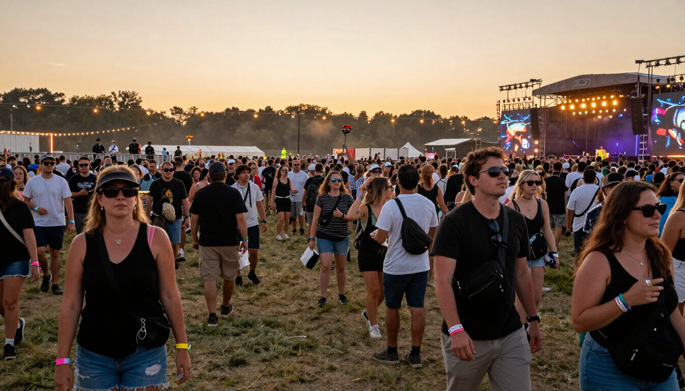Crowd at an outdoor music festival at sunset with secure bags and visible safety staff