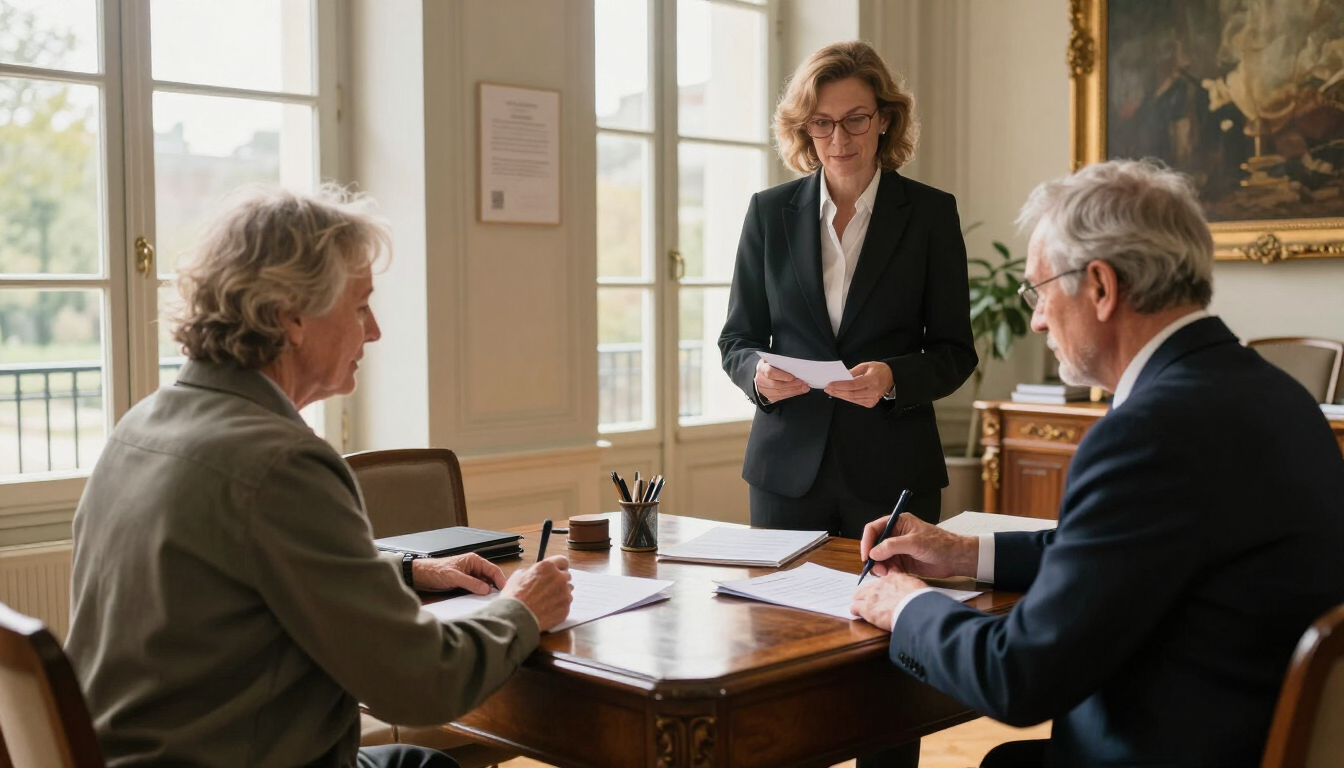 Couple signing property purchase documents with a notaire in France