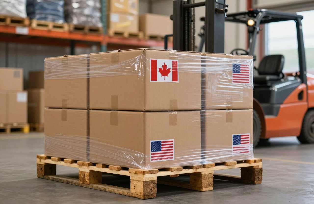 A wrapped pallet of consolidated return boxes at the loading dock, ready for shipment back to Canada