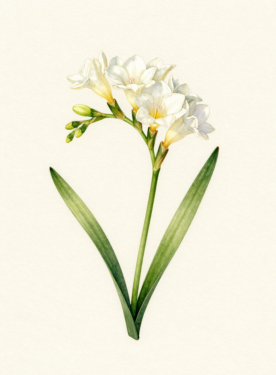 Watercolor painting of a white Freesia