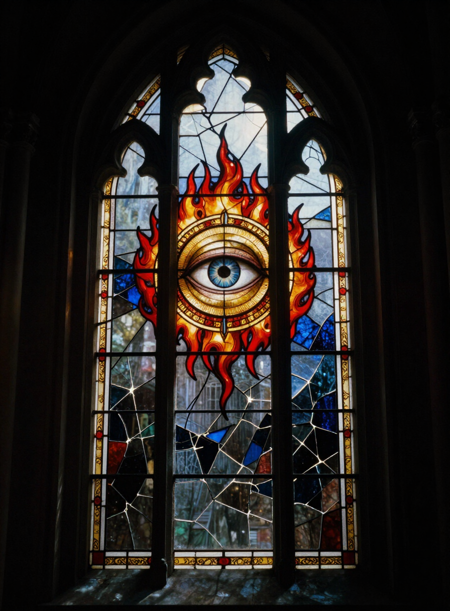 A stained glass window of an all-seeing eye inside a golden halo and crimson flames