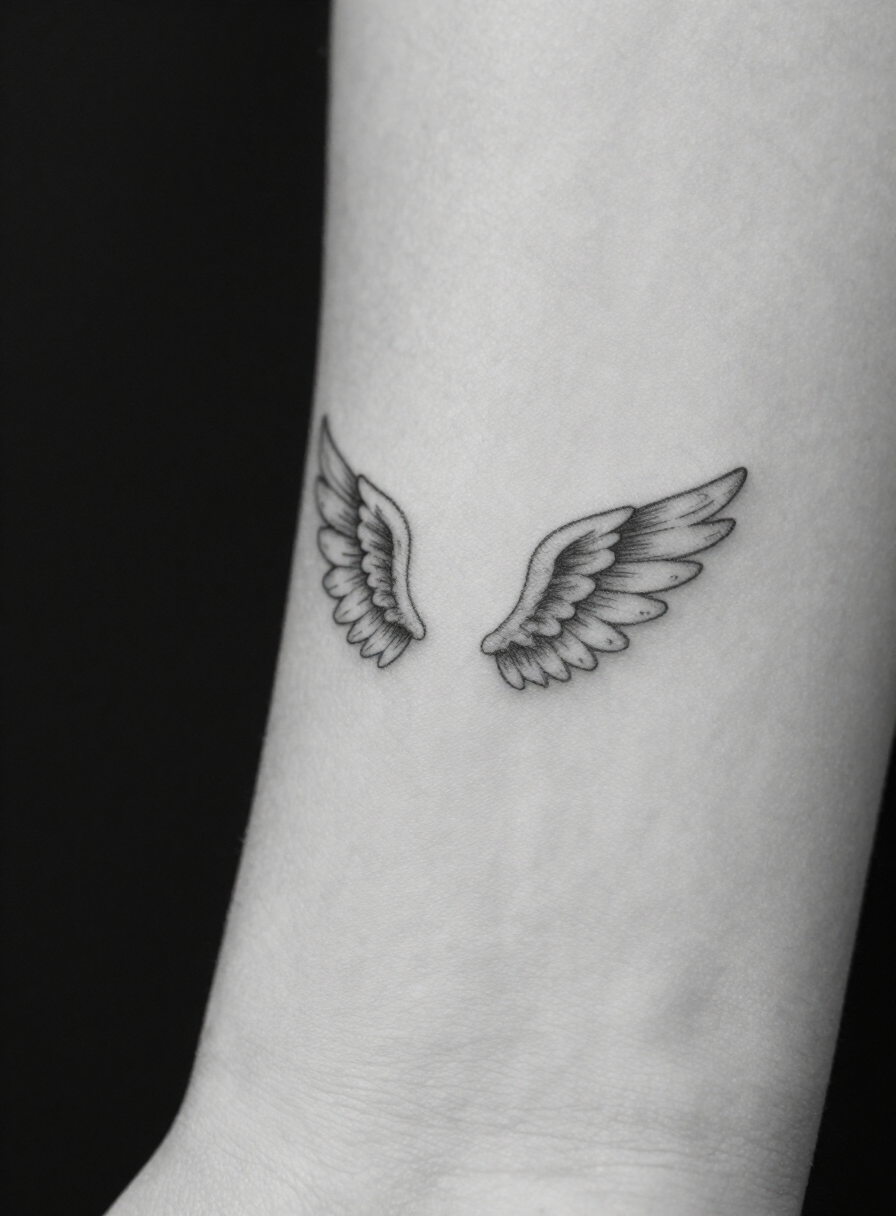 Fine-line angel wings tattoo on a woman’s inner wrist