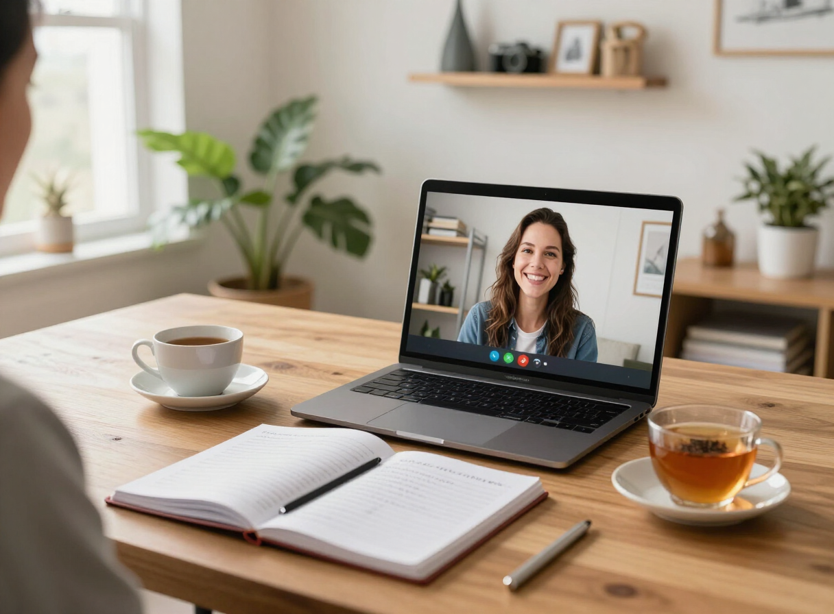 An online coaching session in progress — laptop, notebook and tea on a wooden desk