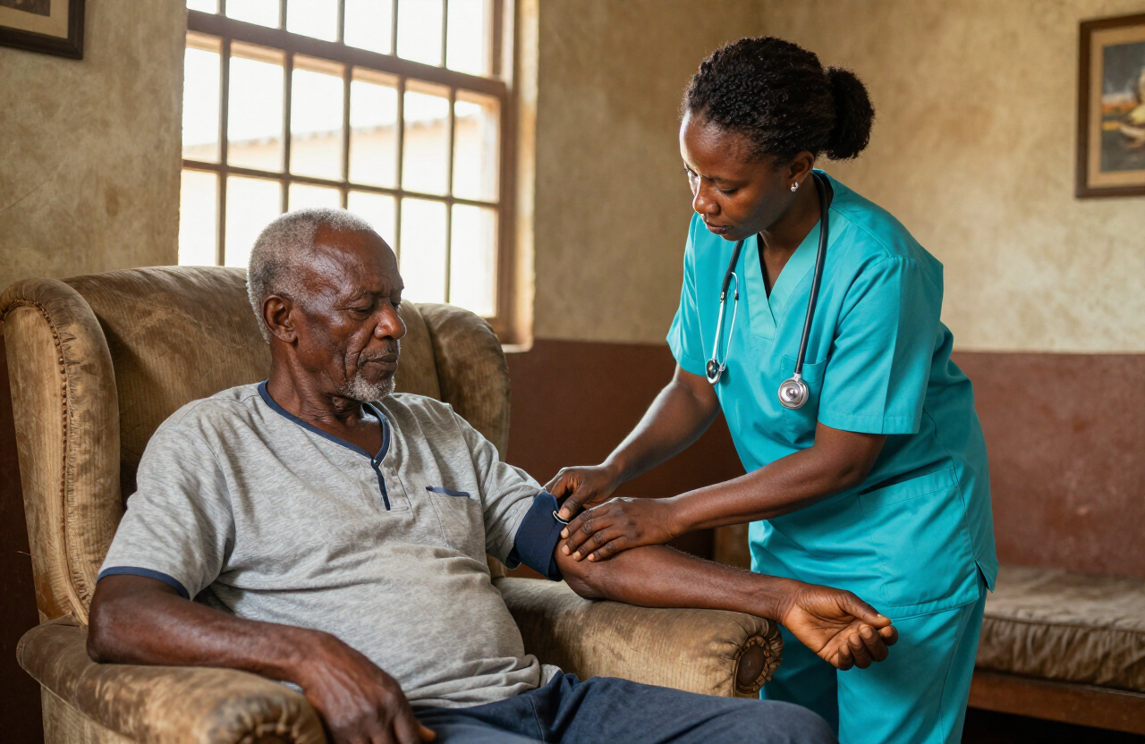 A nurse in turquoise scrubs providing home nursing care to an elderly patient