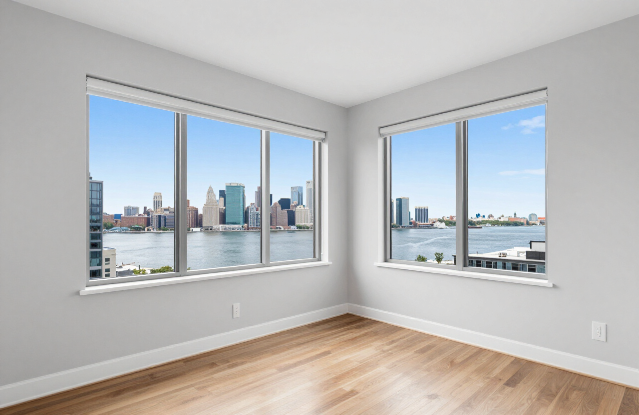 Freshly painted Fort Lee high-rise condo interior with neutral walls and Hudson River views