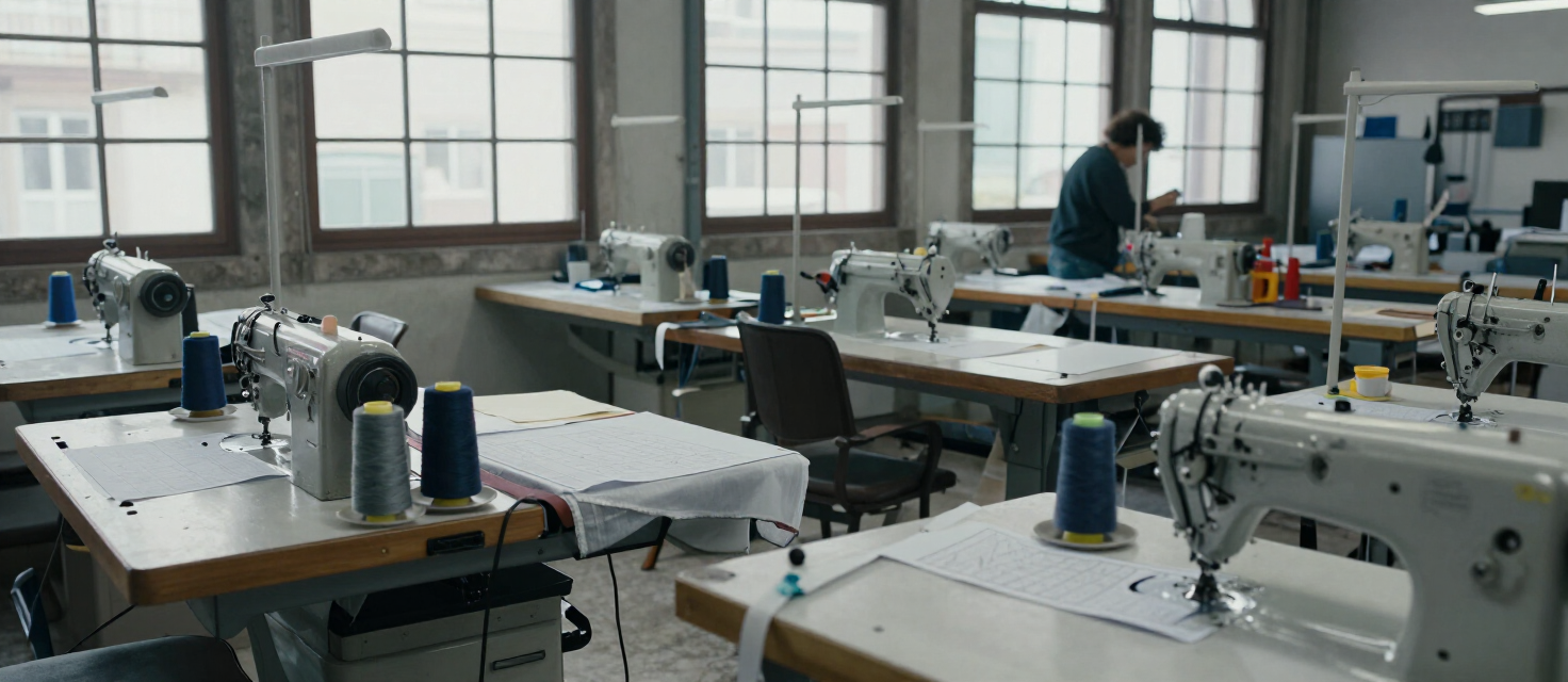 The Rope Garments atelier in Porto: industrial sewing machines, thread spools and cutting tables under cool daylight