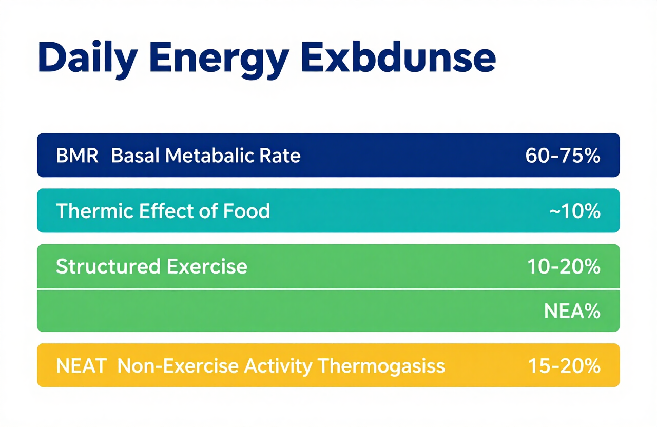 Stacked bar chart breaking down daily energy expenditure into BMR (60–75%), the thermic effect of food (~10%), structured exercise (10–20%), and non-exercise activity thermogenesis / NEAT (15–20%)