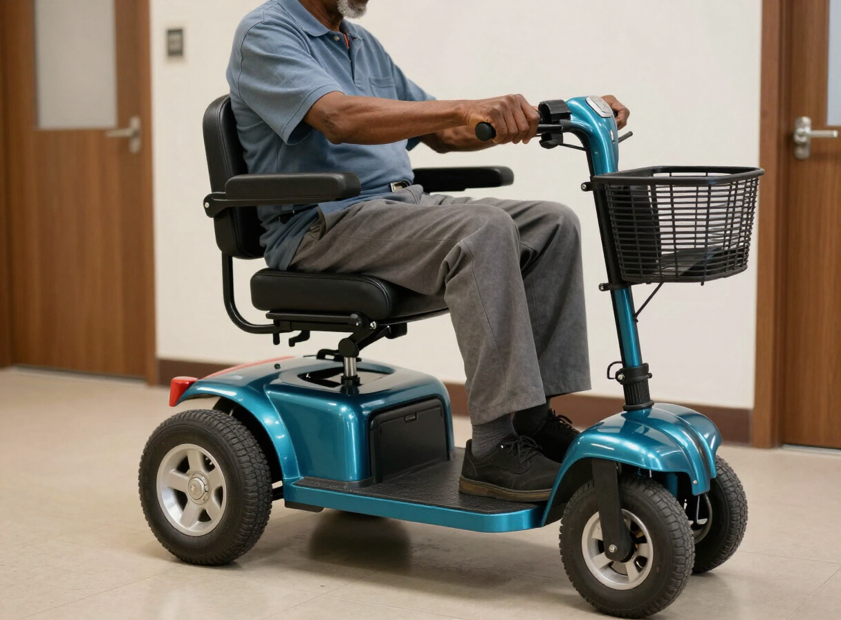 Older Black man using a teal three-wheel mobility scooter indoors
